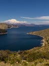 Terraced landscape of Isla del Sol with Andes mountains in the background on the Bolivian side of Lake Titicaca Royalty Free Stock Photo