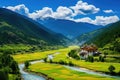 Terraced rice field landscape in Sichuan, China, Bhutan, Tashichho Dzong in Thimphu. Surrounded by yellow rice fields, River and