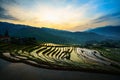 Terraced rice field in morning in water season, the time before starting grow rice in Y Ty, Lao Cai province, Vietnam