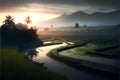 Terraced rice field at sunrise in Bali, Indonesia.