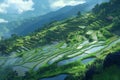 Terraced Rice Fields Cascading Down Verdant Hillside: Rural Landscape Royalty Free Stock Photo