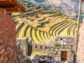 Terraces of Pisac ruins. Incan citadel in Urubamba sacred valley, Peru