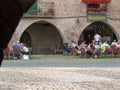 Terraces with tourists having lunch in Ainsa Huesca.