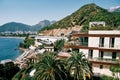 Terraces of the villa among the green garden on the seashore. Hotel Dukley, Budva, Montenegro