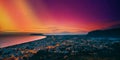 Terracina, Italy. Top View Skyline Cityscape City In Evening Sunset. City Illuminations. Amazing Sunset Sky With Bright