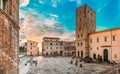 Terracina, Italy. Tower Of Cathedral Of San Cesareo And Town Hall In Sunny Day Royalty Free Stock Photo