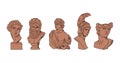 Terracotta antique Greek gods bust sculptures bundle, male heroes and gods vector silhouettes, ancient statues of men