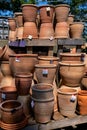 Terracotta clay pots for garden plants and flowers for sale on display in Homeleigh garden centre, Crediton, United Kingdom June