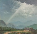 Original oil painting of old farm cottage with cloudy sky and rays of sun Royalty Free Stock Photo