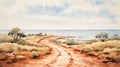 Terracotta-inspired Watercolor Landscape: Road To The Sea Illustration