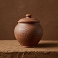 Terracotta jar with lid displayed on a textured clay surface. The jar features a round Royalty Free Stock Photo