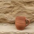 A terracotta mug with a rounded shape and smooth handle sits on a sandy stone Royalty Free Stock Photo