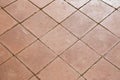 TERRACOTTA TILE PAVEMENT WITH SQUARE PATTERN. STONE AND CERAMIC FLOOR SURFACE WITH GROUT JOINTS Royalty Free Stock Photo