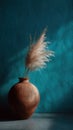 Terracotta vase pampas grass dried minimalist rustic teal Soft dried pampas grass terracotta vase, minimalist rustic decor Royalty Free Stock Photo