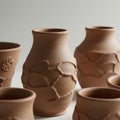 Terracotta vases with intricate textured patterns are arranged against a neutral Royalty Free Stock Photo