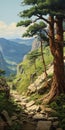 Terragen-inspired Painting Of A Peculiar Poplar On A Mountain Path