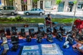 Terragona Catalonia, Spain-August 9, 2013: at a flea market. Sale of various rare antique cameras and collections of coins, other