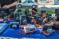 Terragona Catalonia, Spain-August 9, 2013: at a flea market. Sale of various rare antique cameras and collections of coins, other