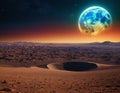 A stunning extraterrestrial landscape, on the cosmic background you can see Mars with the Earth Royalty Free Stock Photo