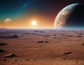 A stunning extraterrestrial landscape, on the cosmic background you can see Mars with the Earth Royalty Free Stock Photo