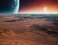 A stunning extraterrestrial landscape, on the cosmic background you can see Mars with the Earth Royalty Free Stock Photo