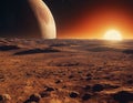 A stunning extraterrestrial landscape, on the cosmic background you can see Mars with the Earth Royalty Free Stock Photo