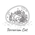 Print with terrarium cat. Glass terrarium with cute cat and garden in cartoon style. Contour vector illustration Royalty Free Stock Photo