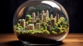 A terrarium featuring miniaturized iconic buildings, symbolizing global financial centers