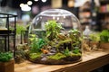Terrarium filled with vibrant plants and small amphibians. Generative AI