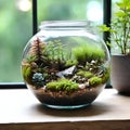 Terrarium jar with little forest and a self ecosystem , Small decoration plants in a glass bowl, Terrarium , terrarium plants