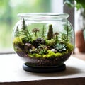 Terrarium jar with little forest and a self ecosystem , Small decoration plants in a glass bowl, Terrarium , terrarium plants