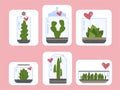 Terrarium plants set. Cactus succulent florarium in glass vase with heart card, cute terrariums with exotic plants, cactus in the