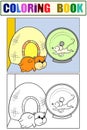 Terrarium for rodents. The hamster and mouse are playing. Set of coloring book and color picture.