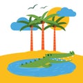 Terrarium tropical island banner vector illustration. Cartoon funny crocodile in water pond near beach with palms trees