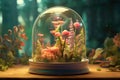 Terrarium with unusual, fabulous, colorful, wonderful plants in glass flask. Mini ecosystem in glass crystal. Saving