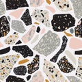 Terrazzo flooring imitation seamless pattern. Abstract geometric shapes background