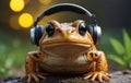 Amphibian frog with headphones and hat sitting on ground Royalty Free Stock Photo