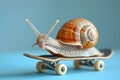 A snail on a skateboard rolls on a blue surface with tiny wheels