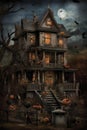 Terrible abandoned Halloween Horror house with ghosts, trash in moony night close up.