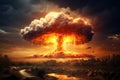 Terrible atomic explosion of a nuclear bomb with a mushroom cloud of radioactive dust. Hydrogen bomb test. Generative AI