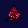 A terrible and creepy vector picture, shark attacked a scuba diver. Red bloody colors.