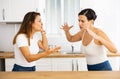 Terrible domestic quarrel of two sisters in modern kitchen