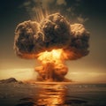 Terrible explosion of a nuclear bomb with a mushroom in the desert. Hydrogen bomb test. Nuclear catastrophe. generative