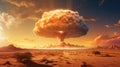 Terrible explosion of a nuclear bomb with a mushroom in the desert. Hydrogen bomb test