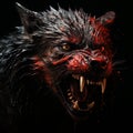 Terrible head of an evil wolf with bared mouth with large fangs, stained with blood, predatory beast, on black close-up,