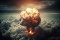 Terrible Hydrogen bomb explosion. Nuclear bomb explosion with a mushroom cloud, weapon of mass destruction. Generative AI