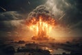 Terrible Hydrogen bomb explosion. Nuclear bomb explosion with a mushroom cloud, weapon of mass destruction. Generative AI