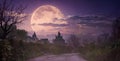 Terrible night landscape with a huge full moon. Background for Halloween