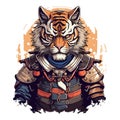 Terrible tiger in a samurai costume on a colored background.