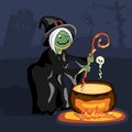 Scary witch cooking poison in cauldron at Halloween night Royalty Free Stock Photo